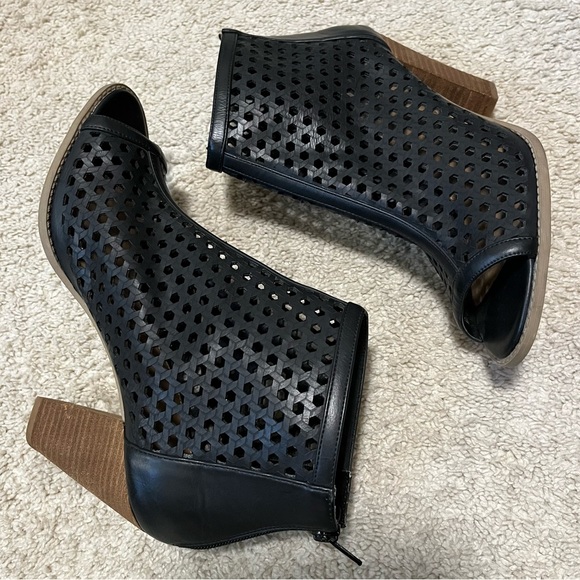 Report Ronda Perforated Peep Toe Ankle Boots | Black Faux Leather - Picture 2 of 12